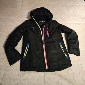 LIQUID Girls Winter Jacket Size Large. Black with Neon yellow/pink/blue trim.